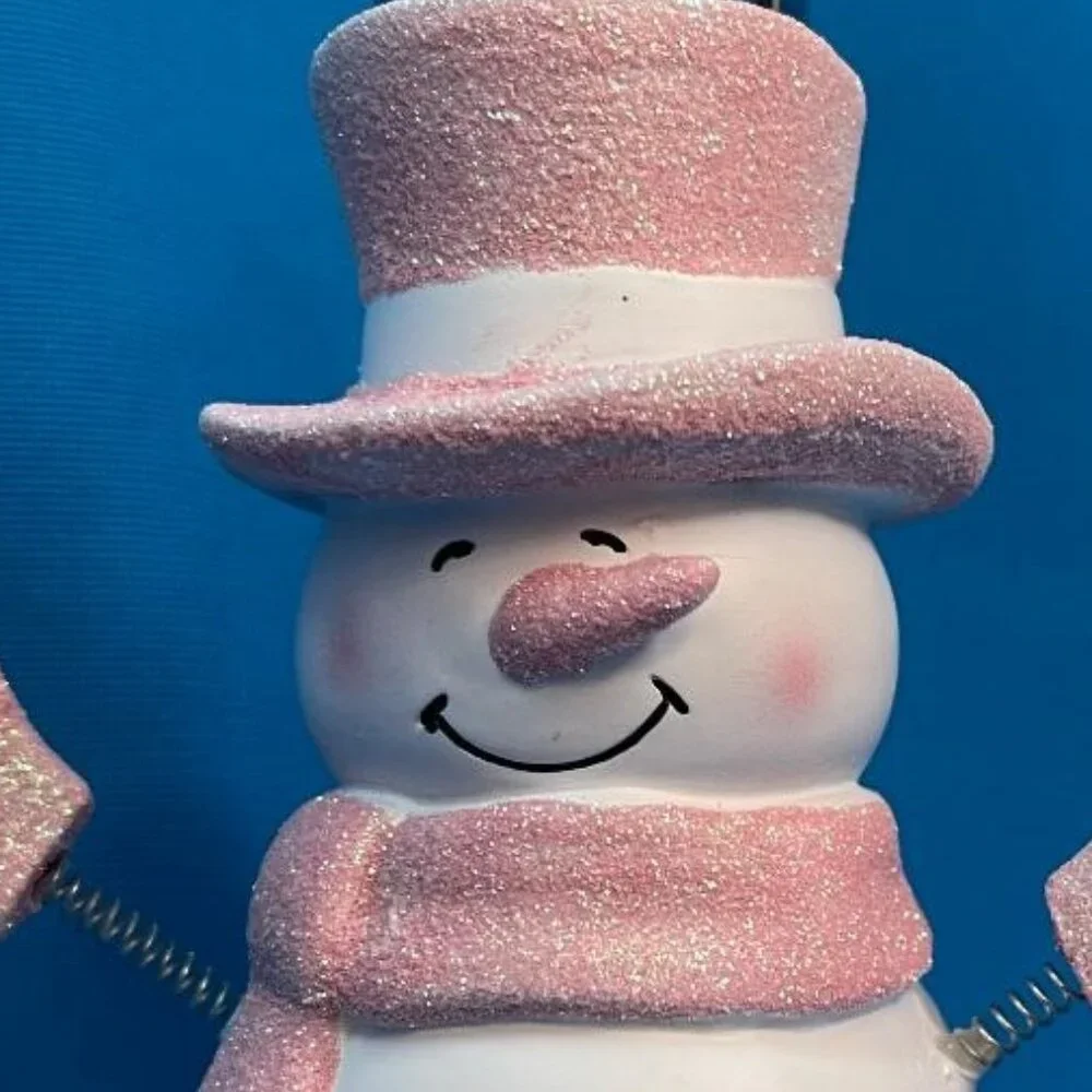 NEW ADORABLE SNOWMAN SOAP / LOTION PUMP DISPENSER WHITE & PINK GLITTER SPARKLE